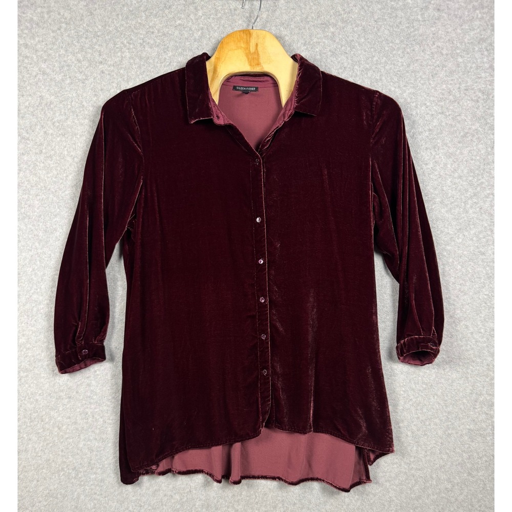 Eileen Fisher Velvet Button Down Blouse Womens 2X Burgundy Silk Blend High Low